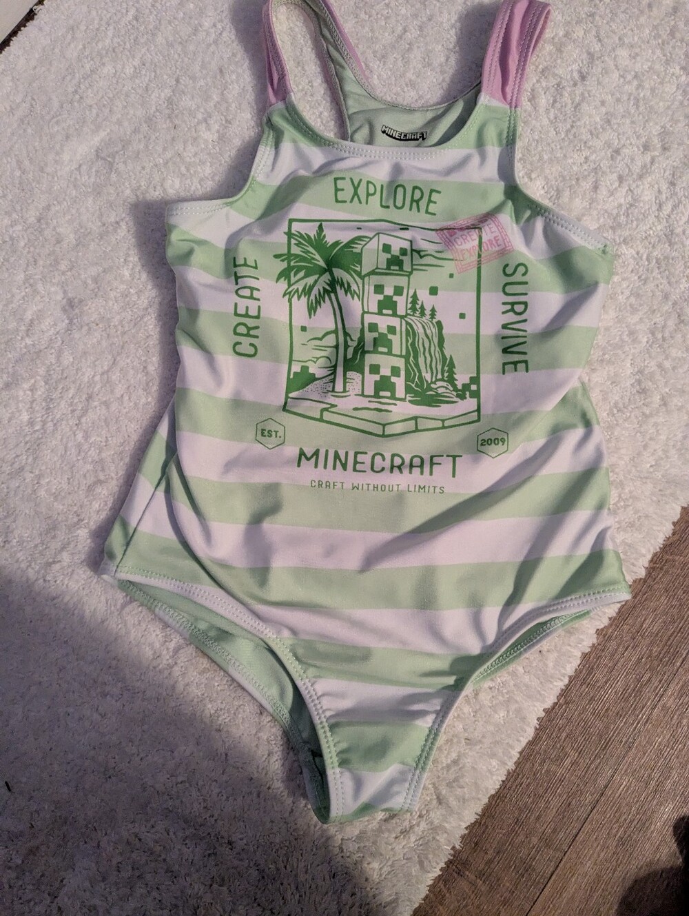 Girls' Green Striped One-Piece Minecraft Swimsuit